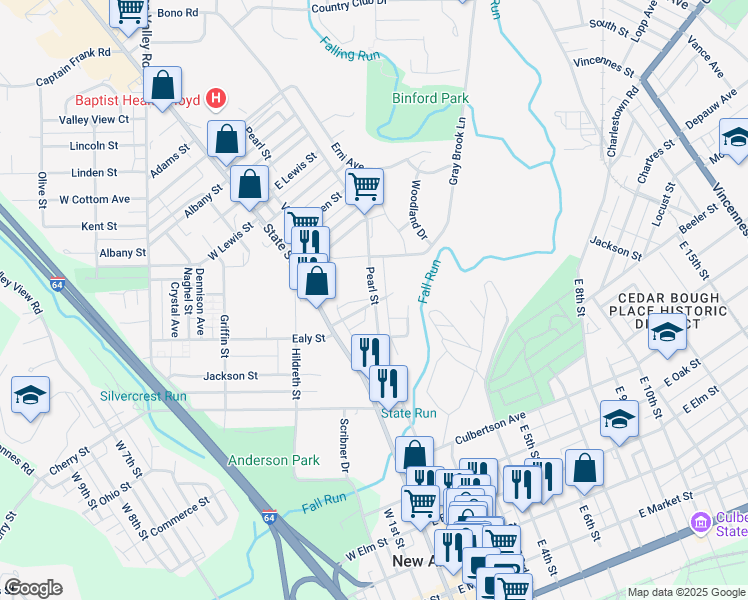 map of restaurants, bars, coffee shops, grocery stores, and more near 1111 Pearl Street in New Albany