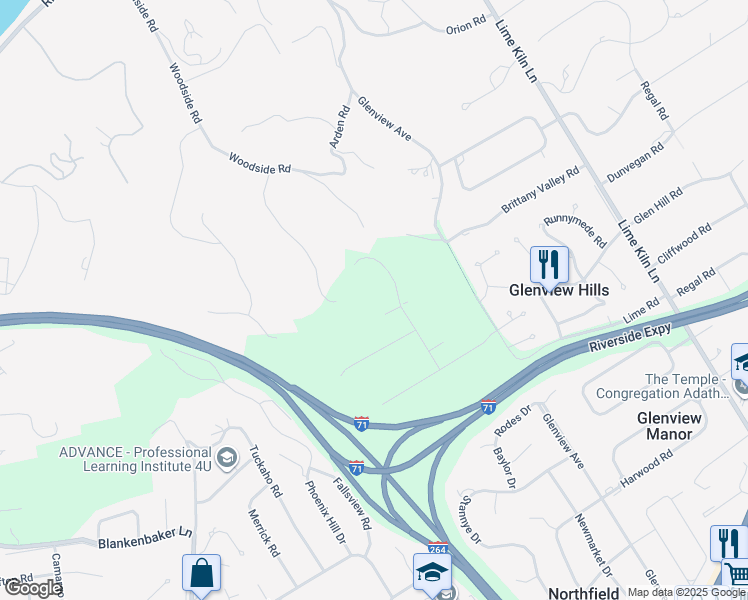 map of restaurants, bars, coffee shops, grocery stores, and more near 3204 Woodside Road in Louisville