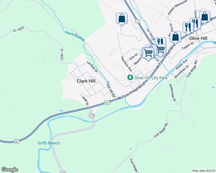map of restaurants, bars, coffee shops, grocery stores, and more near Clark Hill Road in Olive Hill
