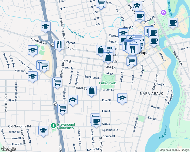 map of restaurants, bars, coffee shops, grocery stores, and more near 1903 Oak Street in Napa
