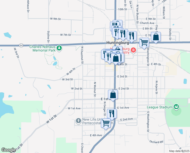 map of restaurants, bars, coffee shops, grocery stores, and more near 198 East 3rd Street in Huntingburg