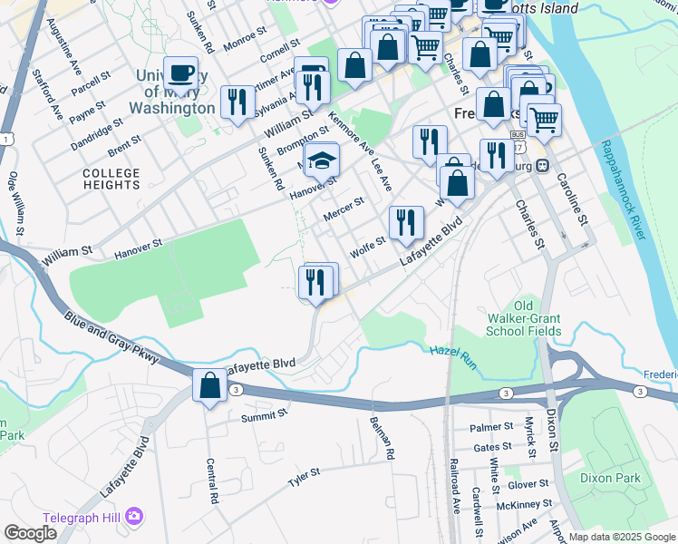 map of restaurants, bars, coffee shops, grocery stores, and more near 511 Willis Street in Fredericksburg