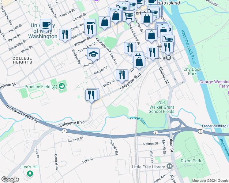 map of restaurants, bars, coffee shops, grocery stores, and more near 814 Lafayette Boulevard in Fredericksburg