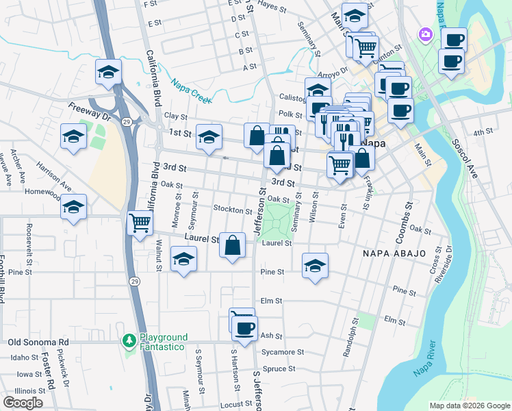 map of restaurants, bars, coffee shops, grocery stores, and more near 1796 Oak Street in Napa