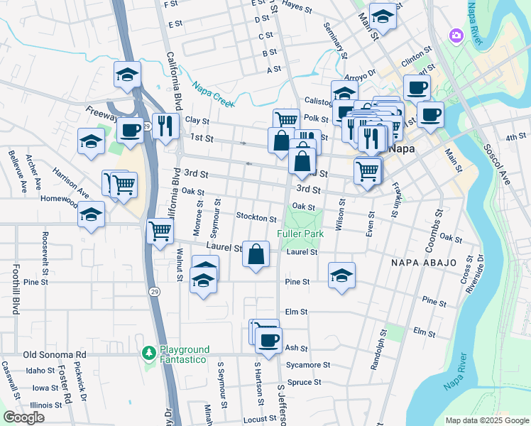 map of restaurants, bars, coffee shops, grocery stores, and more near 1903 Oak Street in Napa