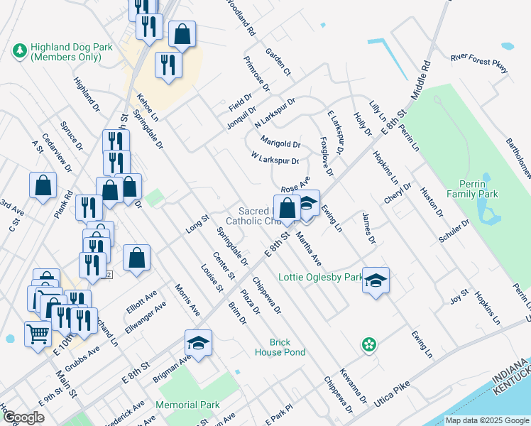 map of restaurants, bars, coffee shops, grocery stores, and more near 817 Lancelot Court in Jeffersonville