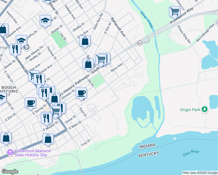 map of restaurants, bars, coffee shops, grocery stores, and more near 2101 East Market Street in New Albany