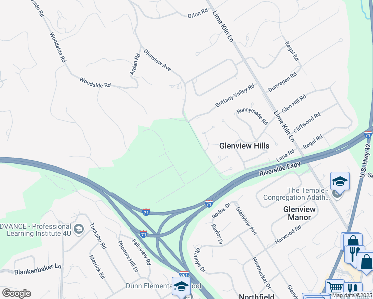 map of restaurants, bars, coffee shops, grocery stores, and more near 3422 Glenview Avenue in Louisville