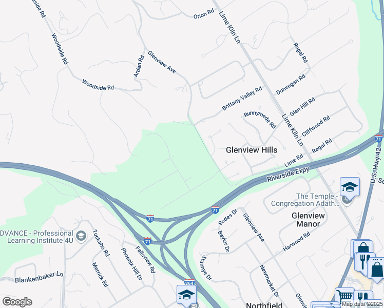 map of restaurants, bars, coffee shops, grocery stores, and more near 3422 Glenview Avenue in Louisville