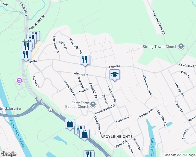 map of restaurants, bars, coffee shops, grocery stores, and more near 2 Blair Road in Fredericksburg