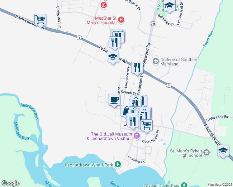 map of restaurants, bars, coffee shops, grocery stores, and more near 22815 Duke Street in Leonardtown