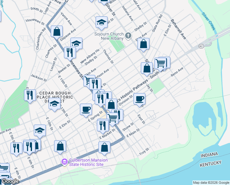 map of restaurants, bars, coffee shops, grocery stores, and more near 1805 East Elm Street in New Albany