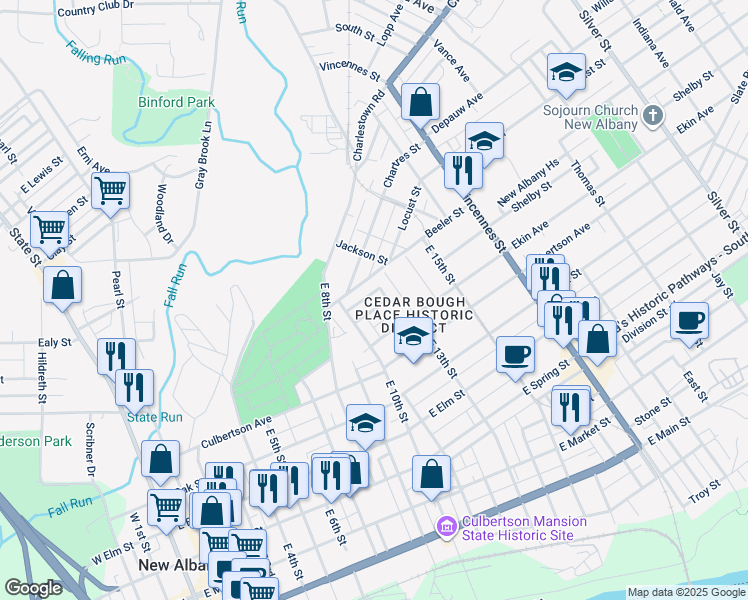 map of restaurants, bars, coffee shops, grocery stores, and more near 1119 Beeler Street in New Albany