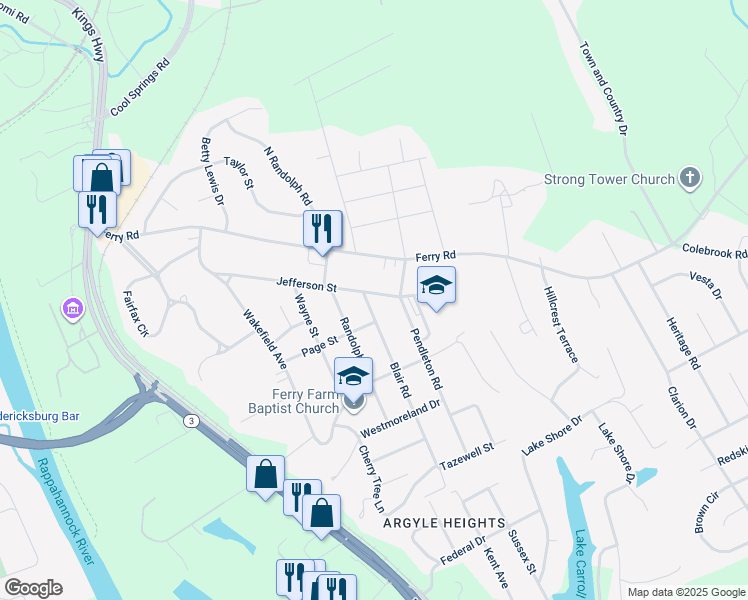 map of restaurants, bars, coffee shops, grocery stores, and more near 2 Blair Road in Fredericksburg