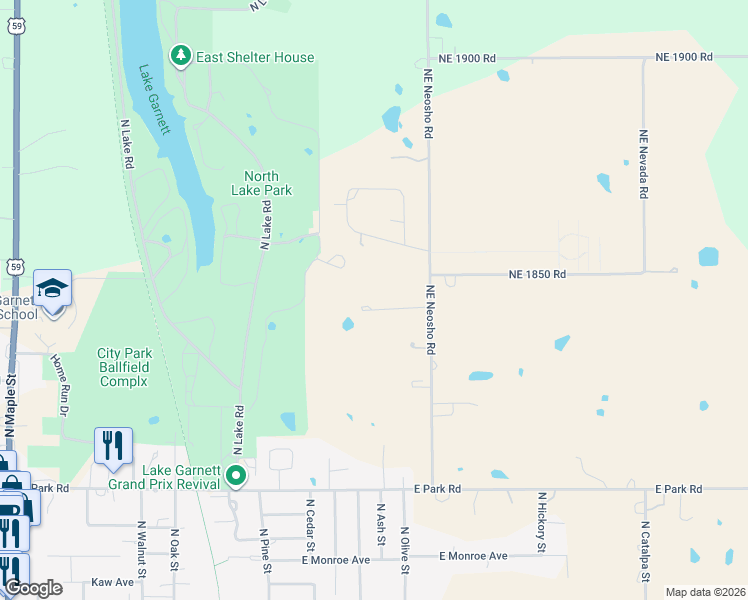 map of restaurants, bars, coffee shops, grocery stores, and more near 2 Links Drive in Garnett