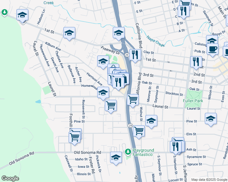 map of restaurants, bars, coffee shops, grocery stores, and more near 25 Avon Avenue in Napa