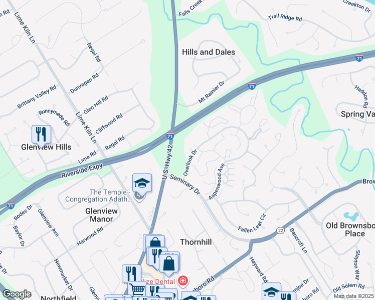 map of restaurants, bars, coffee shops, grocery stores, and more near 6700 Overlook Drive in Louisville