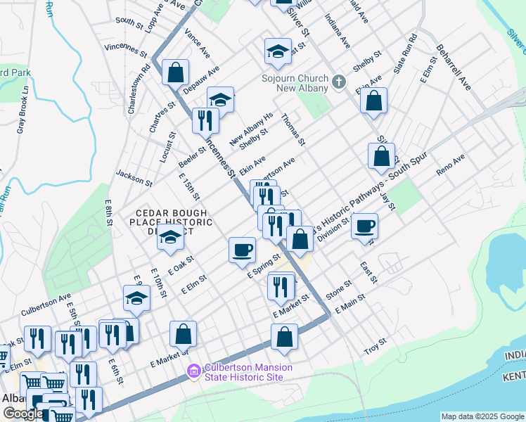 map of restaurants, bars, coffee shops, grocery stores, and more near 610 Vincennes Street in New Albany