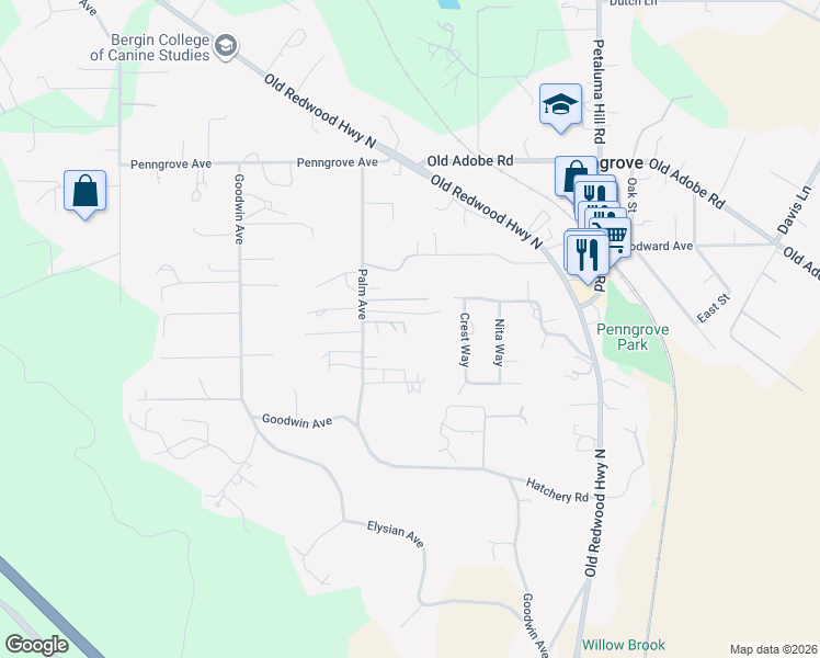 map of restaurants, bars, coffee shops, grocery stores, and more near 460 Palm Avenue in Penngrove