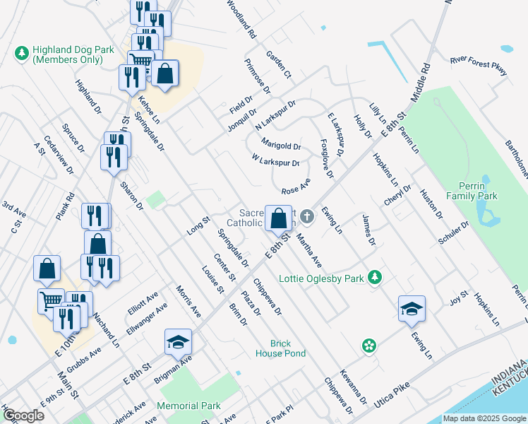 map of restaurants, bars, coffee shops, grocery stores, and more near 817 Lancelot Court in Jeffersonville
