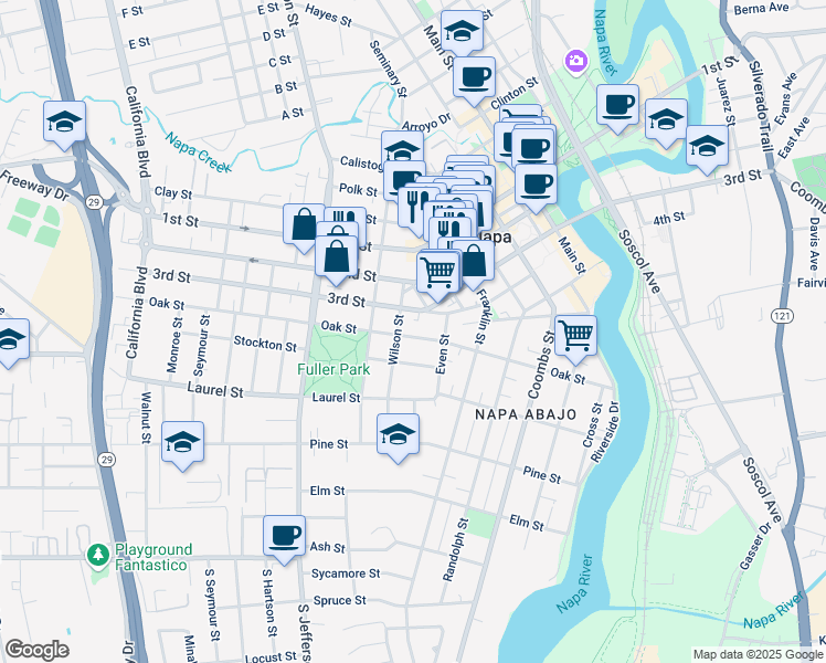 map of restaurants, bars, coffee shops, grocery stores, and more near 731 Wilson Street in Napa
