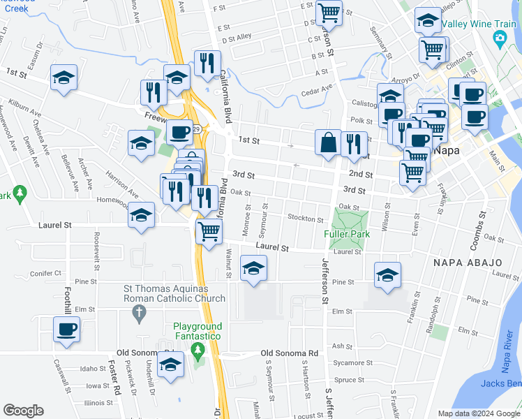 map of restaurants, bars, coffee shops, grocery stores, and more near 643 Seymour Street in Napa