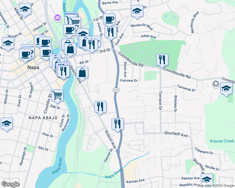 map of restaurants, bars, coffee shops, grocery stores, and more near 530 Silverado Trail in Napa