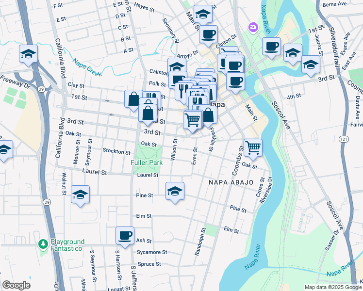 map of restaurants, bars, coffee shops, grocery stores, and more near 731 Wilson Street in Napa