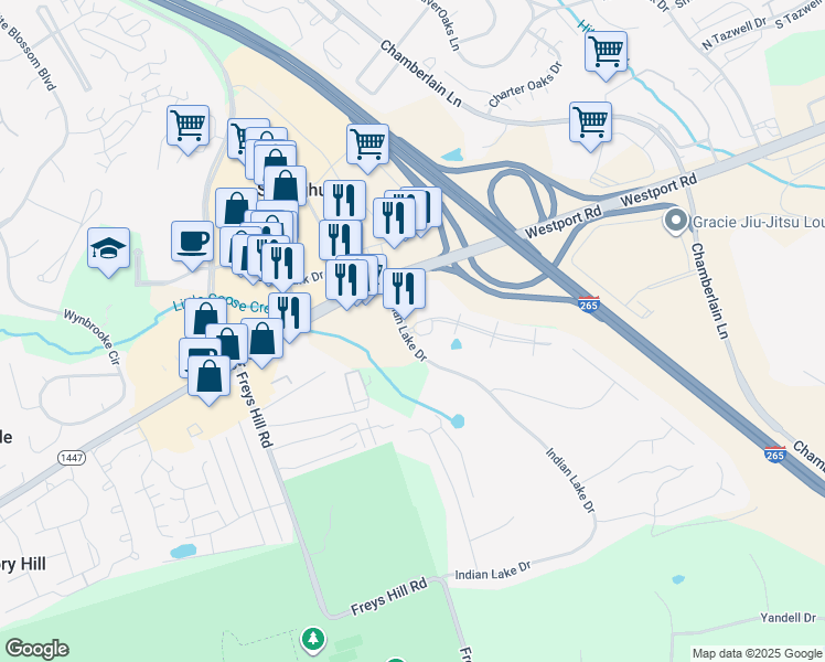 map of restaurants, bars, coffee shops, grocery stores, and more near 11000 Indian Legends Drive in Louisville