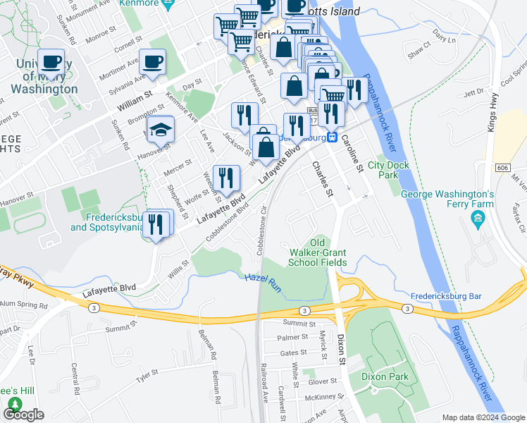 map of restaurants, bars, coffee shops, grocery stores, and more near 701 Cobblestone Circle in Fredericksburg