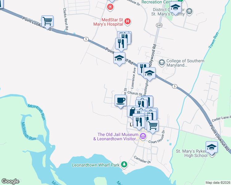 map of restaurants, bars, coffee shops, grocery stores, and more near 22810 Dorsey Street in Leonardtown
