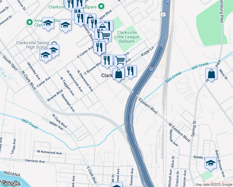 map of restaurants, bars, coffee shops, grocery stores, and more near 309 Clyde Avenue in Clarksville