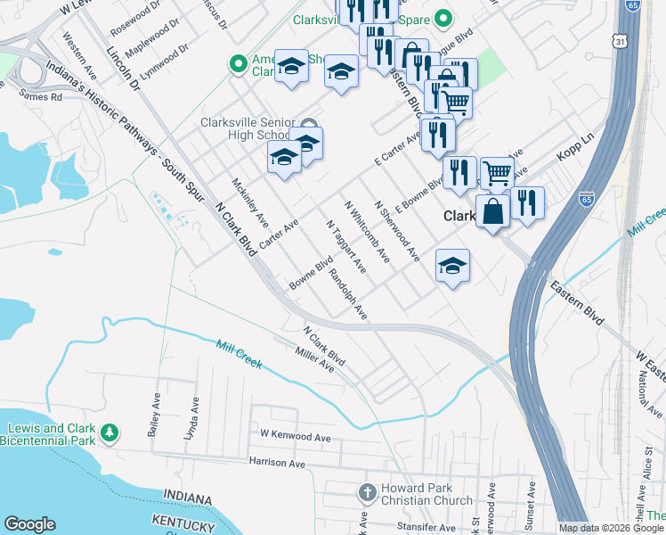 map of restaurants, bars, coffee shops, grocery stores, and more near 320 Bowne Boulevard in Clarksville
