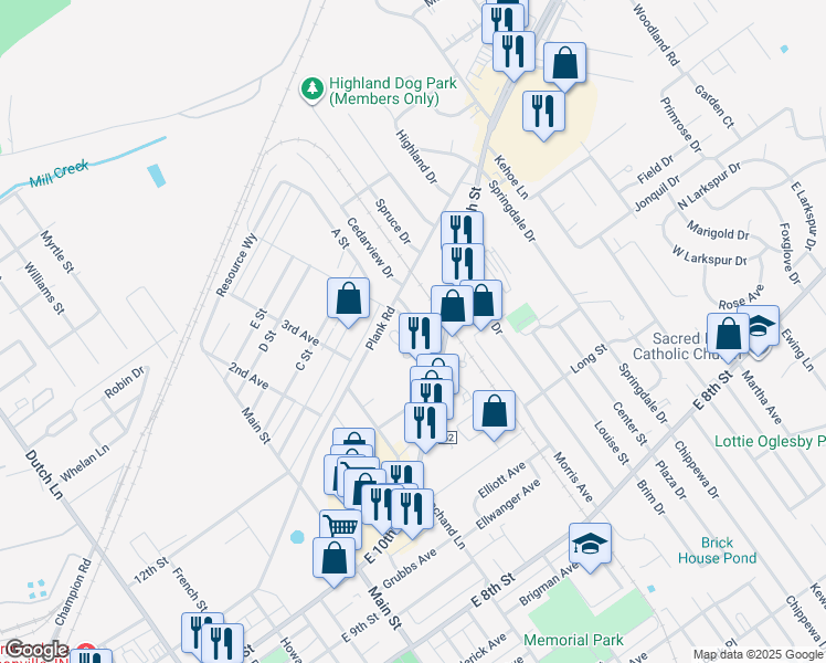 map of restaurants, bars, coffee shops, grocery stores, and more near 1534 Plank Road in Jeffersonville
