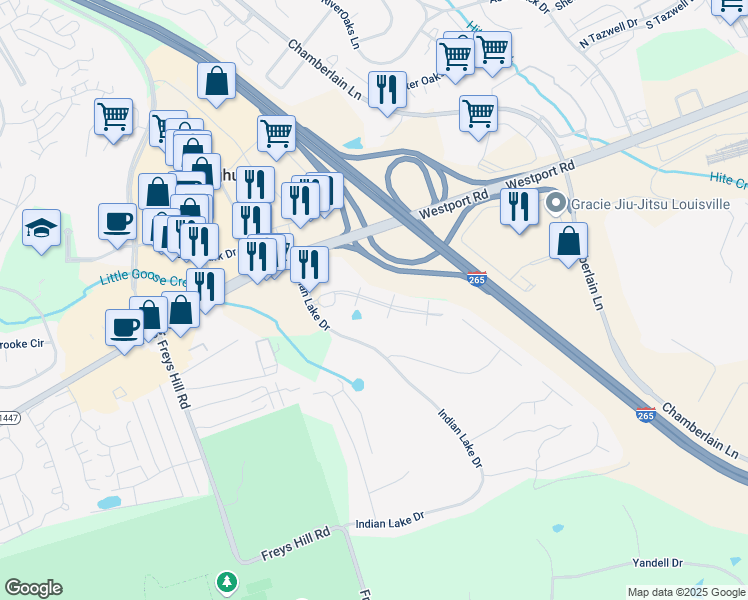 map of restaurants, bars, coffee shops, grocery stores, and more near Indian Legends Drive in Louisville