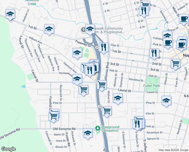 map of restaurants, bars, coffee shops, grocery stores, and more near 621 Factory Stores Drive in Napa