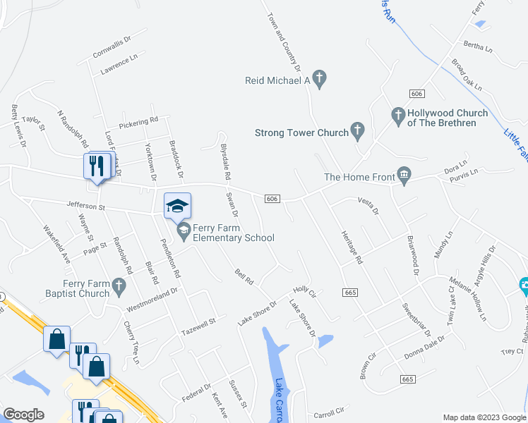 map of restaurants, bars, coffee shops, grocery stores, and more near 1025 Hillcrest Terrace in Fredericksburg