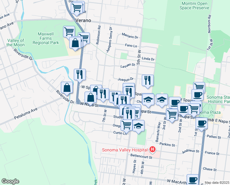 map of restaurants, bars, coffee shops, grocery stores, and more near 417 Bernice Lane in Sonoma