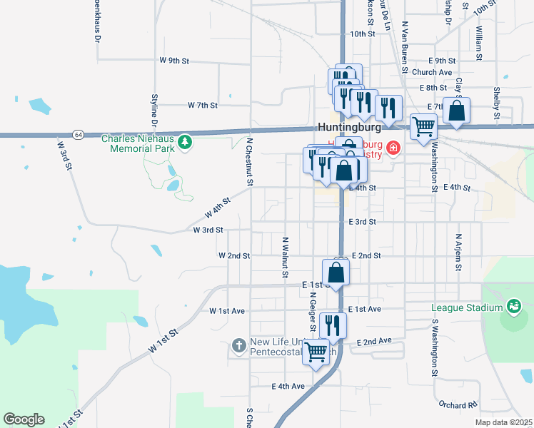 map of restaurants, bars, coffee shops, grocery stores, and more near 112 East 3rd Street in Huntingburg