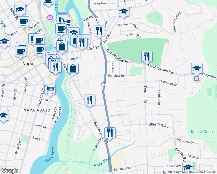 map of restaurants, bars, coffee shops, grocery stores, and more near 536 Silverado Trail in Napa