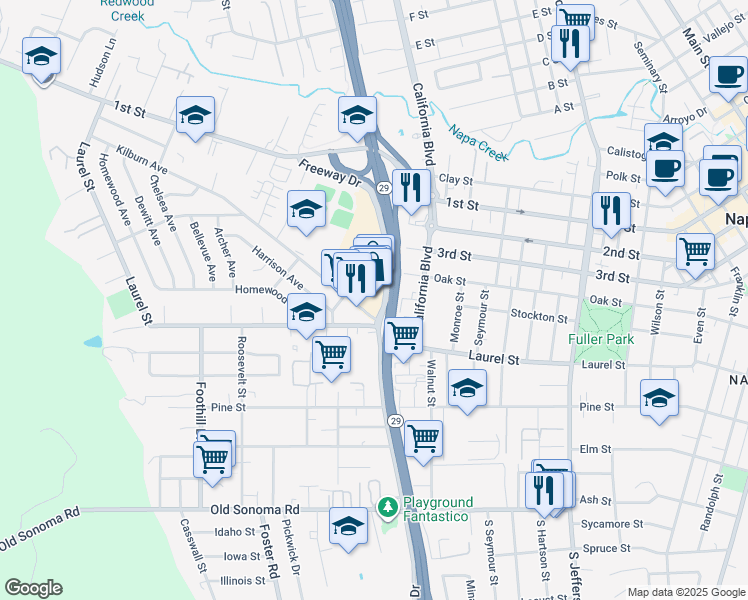 map of restaurants, bars, coffee shops, grocery stores, and more near 629 Factory Stores Drive in Napa