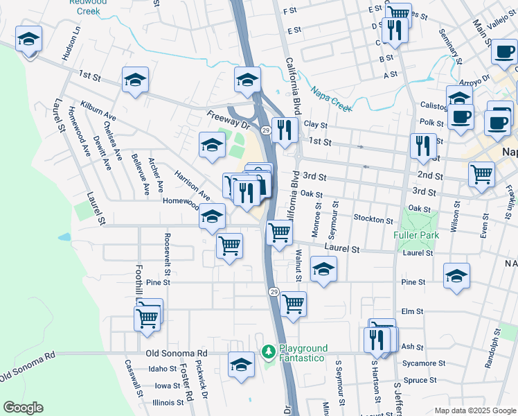 map of restaurants, bars, coffee shops, grocery stores, and more near 629 Factory Stores Drive in Napa