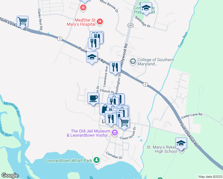 map of restaurants, bars, coffee shops, grocery stores, and more near 41640 Church Street in Leonardtown