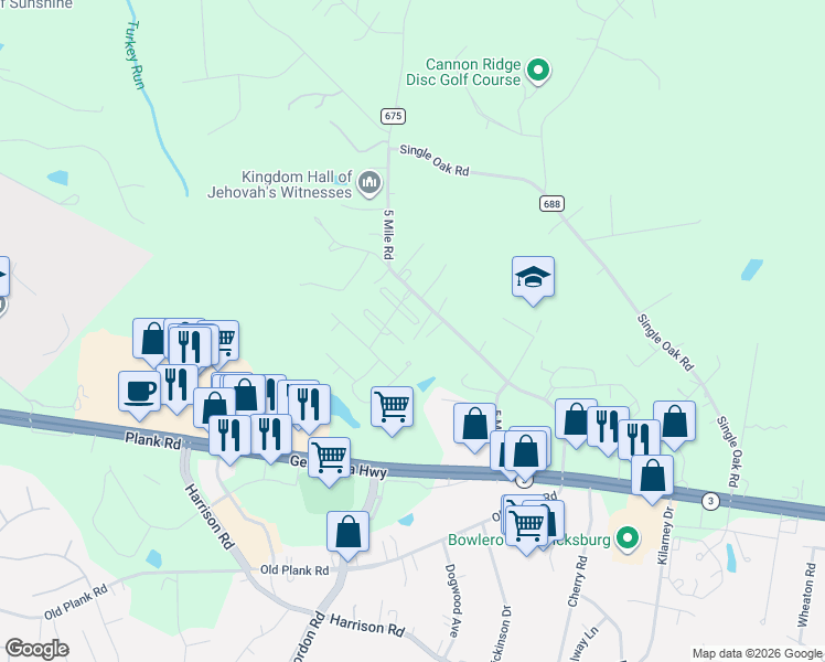 map of restaurants, bars, coffee shops, grocery stores, and more near 7000 Redden Bird Circle in Fredericksburg