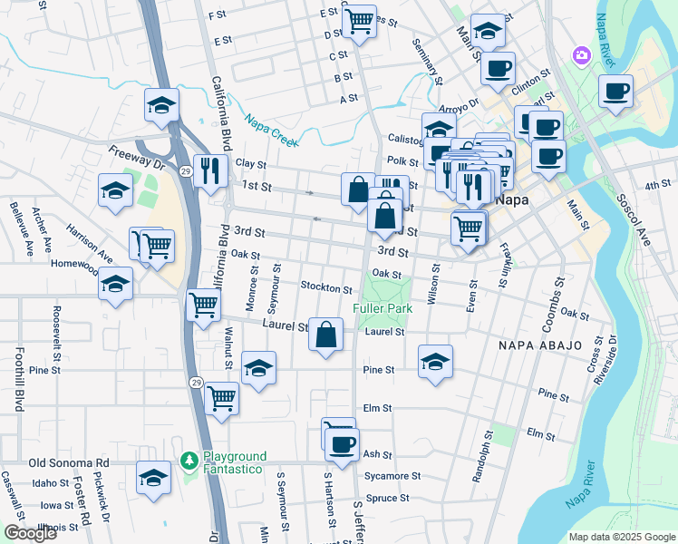 map of restaurants, bars, coffee shops, grocery stores, and more near 1903 Oak Street in Napa
