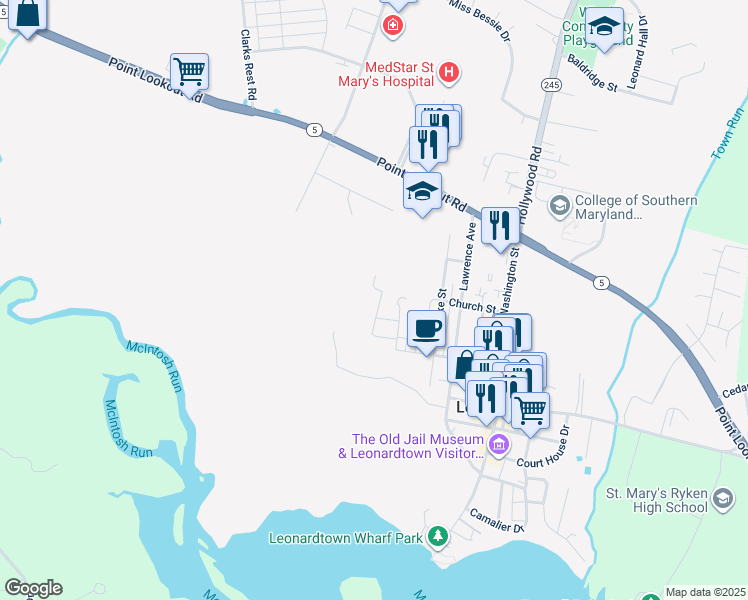 map of restaurants, bars, coffee shops, grocery stores, and more near 22815 Goddard Court in Leonardtown