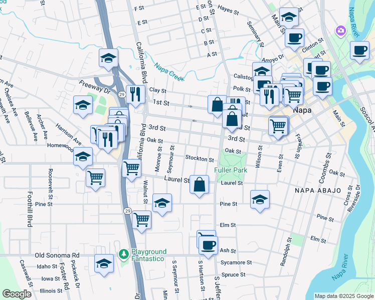 map of restaurants, bars, coffee shops, grocery stores, and more near 620 Montgomery Street in Napa