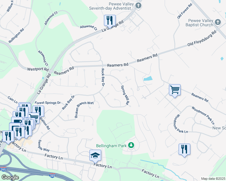 map of restaurants, bars, coffee shops, grocery stores, and more near 4007 Meadow Crest Court in Louisville