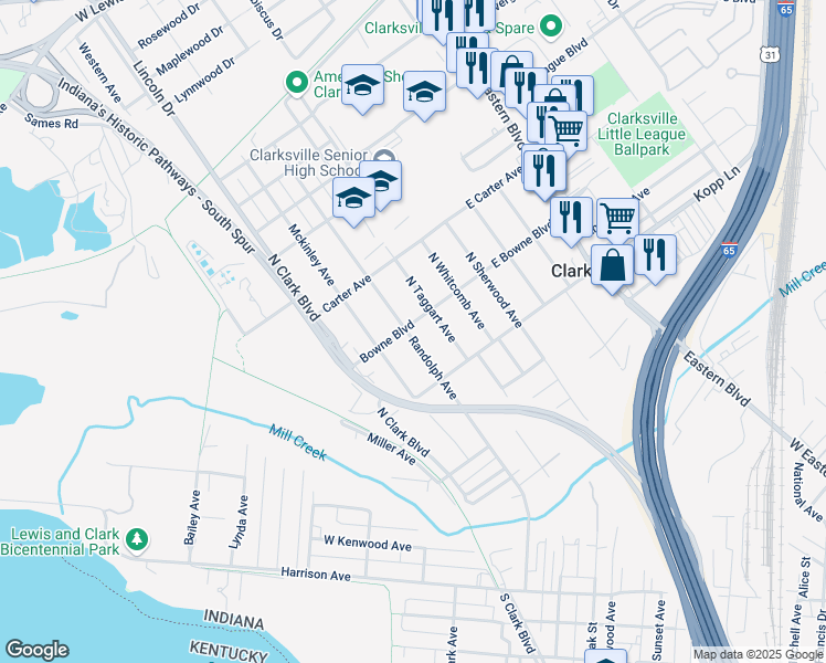 map of restaurants, bars, coffee shops, grocery stores, and more near 320 Bowne Boulevard in Clarksville
