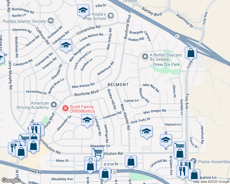 map of restaurants, bars, coffee shops, grocery stores, and more near 60 Mac Alester Road in Pueblo